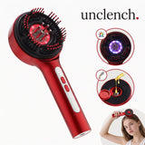 Unclench electric scalp massager — LED light modes, oil chamber and in-use view