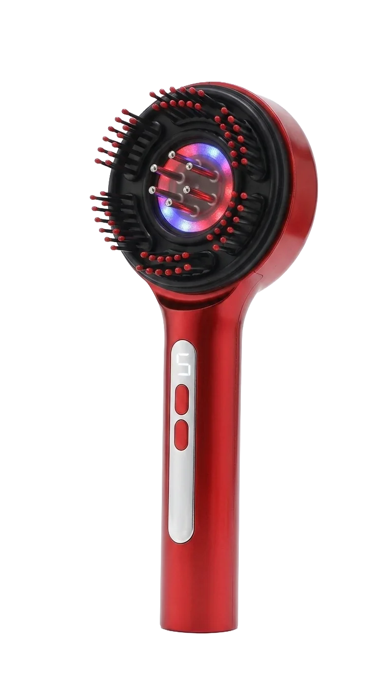 The Unclench electric scalp massager — red handle, silicone-tip massage head