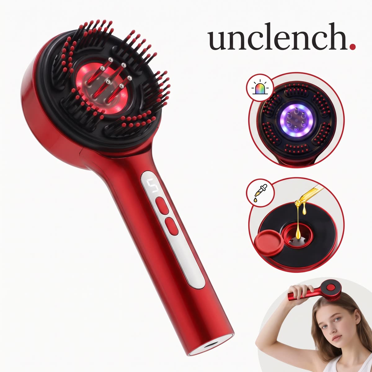 Unclench electric scalp massager — LED light modes, oil chamber and in-use view