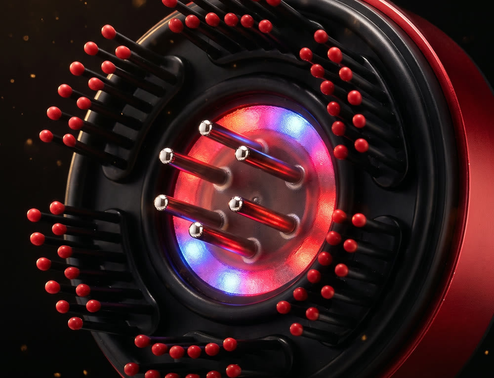 Macro of the Unclench massage head — silicone-tipped points, polished pins and the ambient glow
